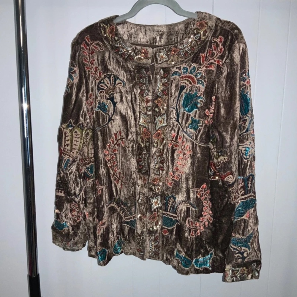 Chico's Brown Velvet Jacket with Colorful Embroidery